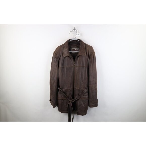Vtg 90s Streetwear Mens XL Distressed Leather Belted Trench Coat Jacket Brown